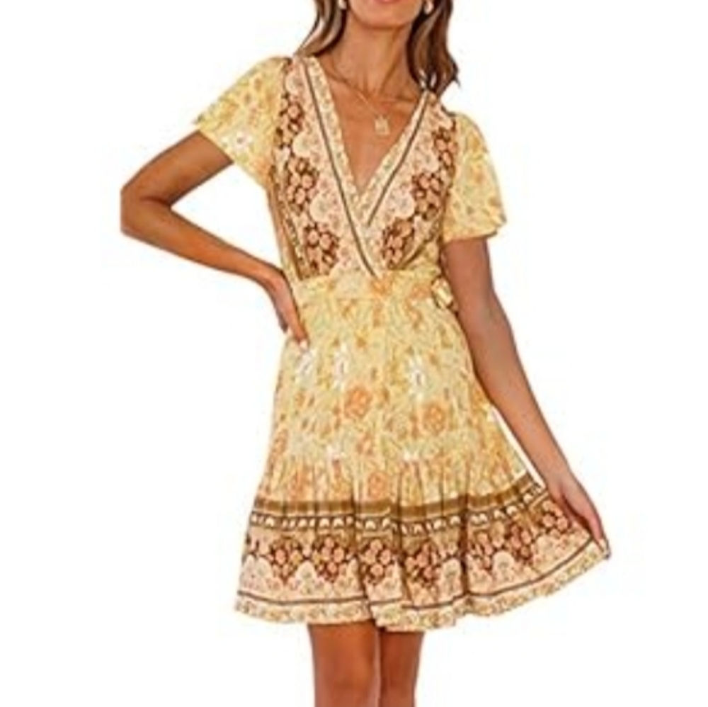 NWT Zesica Boho Summer Gold "Amazing Grace" Wrap Dress Size Medium
